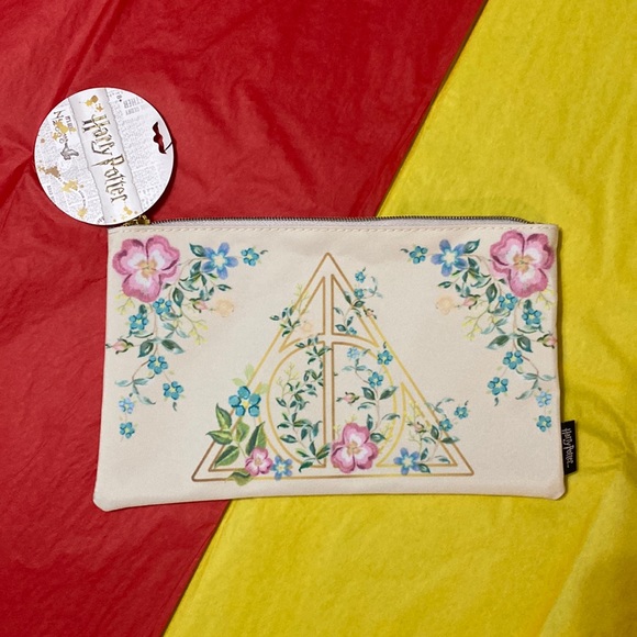 ⬇️ price drop ⬇️Loungefly Harry Potter Deathly Hallows Gold Floral Makeup Bag - Picture 1 of 10